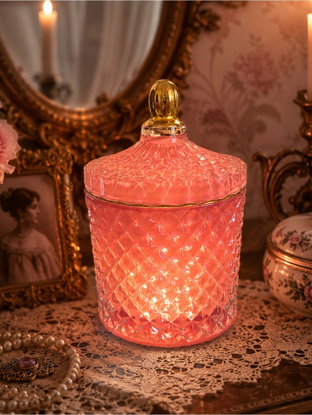 Vintage Pink Glass Lidded Jar Styled as Fairy Lamp Cottage Decor